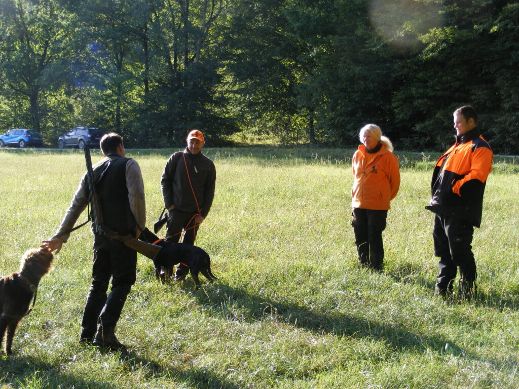 Steffen Faupel mit Pudelpointer Nino vom Unstrut Hainich, Viktor Spies mit Brandlbracke Maddox, Lehrgangsleiterin Cornelia Schmidt, Revierkundiger + Forstamtsleiter Sebastian Keidel Foto: Barbara Bendrich
