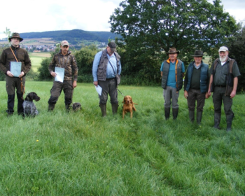 v.l.n.r. Manuel Koch mit Abby v. den Wolfstannen (Deutsch-Drahthaar), Mario Reuther mit Iva vom Jungfernbörnchen (Teckel), Hans-Joachim Gleim mit Ürgemezei-Villam Angyal (Magyar Vizsla), Verbandsrichter Manfred Jonas, Prüfungsleiter Josef Röll und Verbandsrichter Matthias Bickert, Bild: Cornelia Schmidt